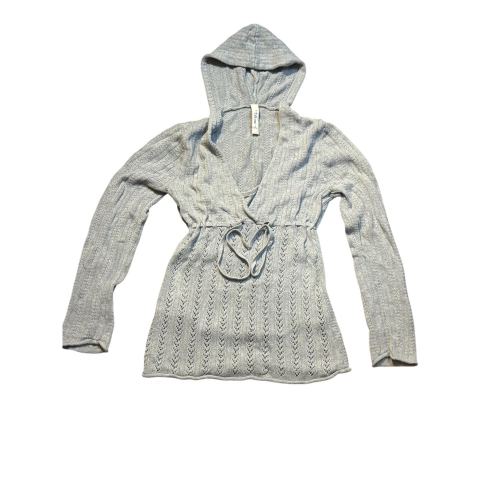 Y2K Pointelle Knit grey Cinch Waist Hooded‎ Sweater Top feminine girly fairy